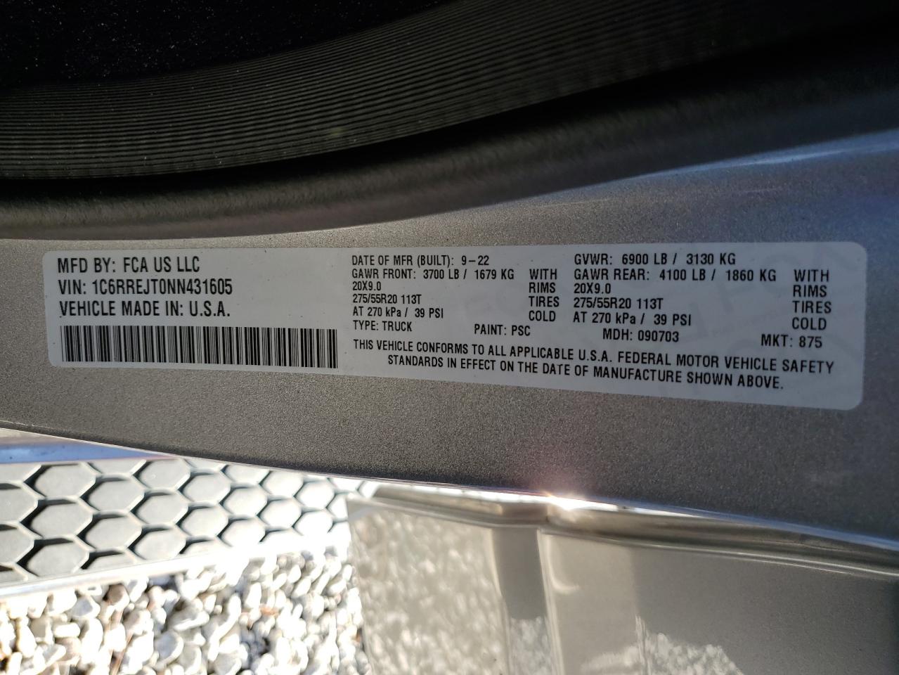 2022 RAM 1500 LARAMIE VIN:1C6RREJT0NN431605