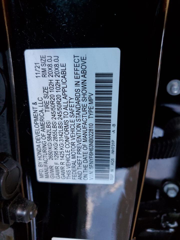 2022 HONDA PILOT TOURING VIN:5FNYF6H63NB022810