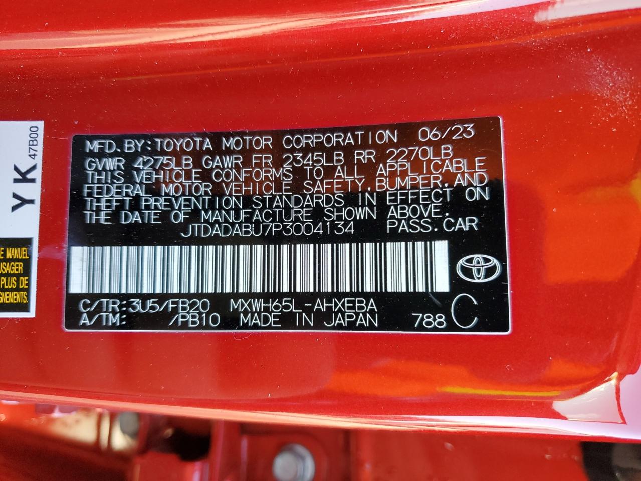 2023 TOYOTA PRIUS LE VIN:JTDADABU7P3004134