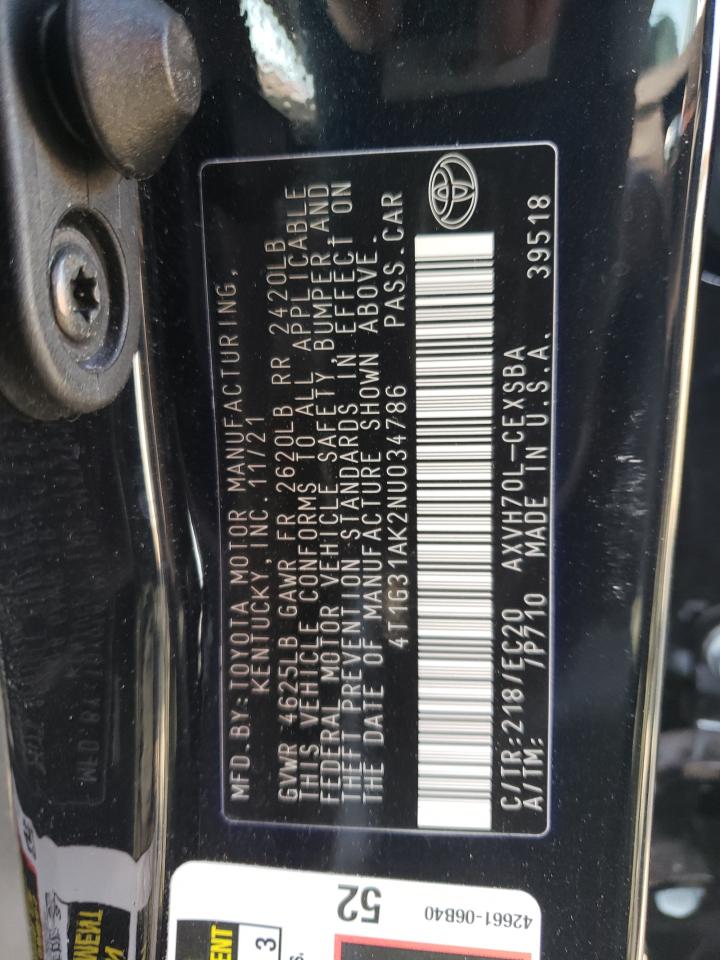 2022 TOYOTA CAMRY NIGHT SHADE VIN:4T1G31AK2NU034786