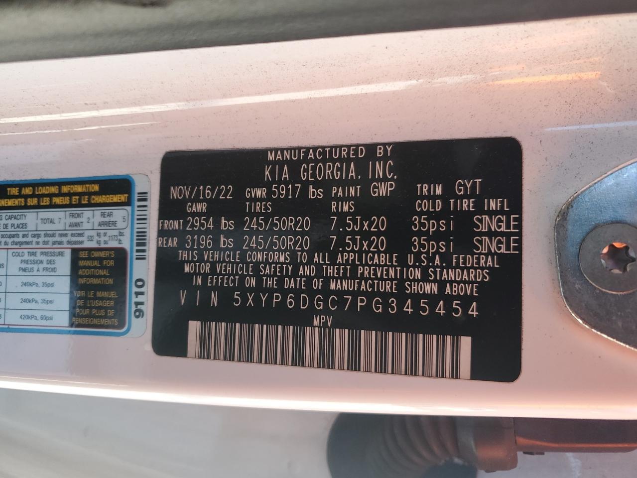 2023 KIA TELLURIDE S VIN:5XYP6DGC7PG345454