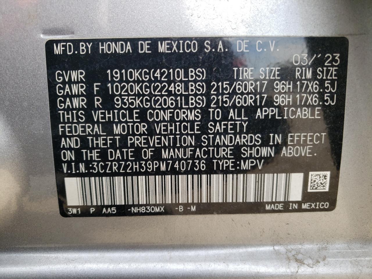 2023 HONDA HR-V LX VIN:3CZRZ2H39PM740736