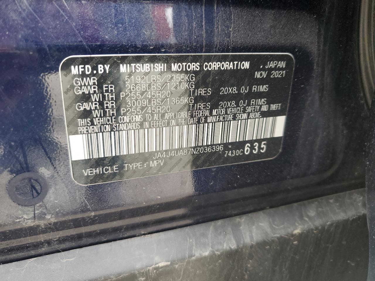 2022 MITSUBISHI OUTLANDER SE VIN:JA4J4UA87NZ036396