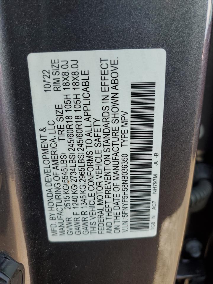 2022 HONDA PILOT EXL VIN:5FNYF5H58NB036350