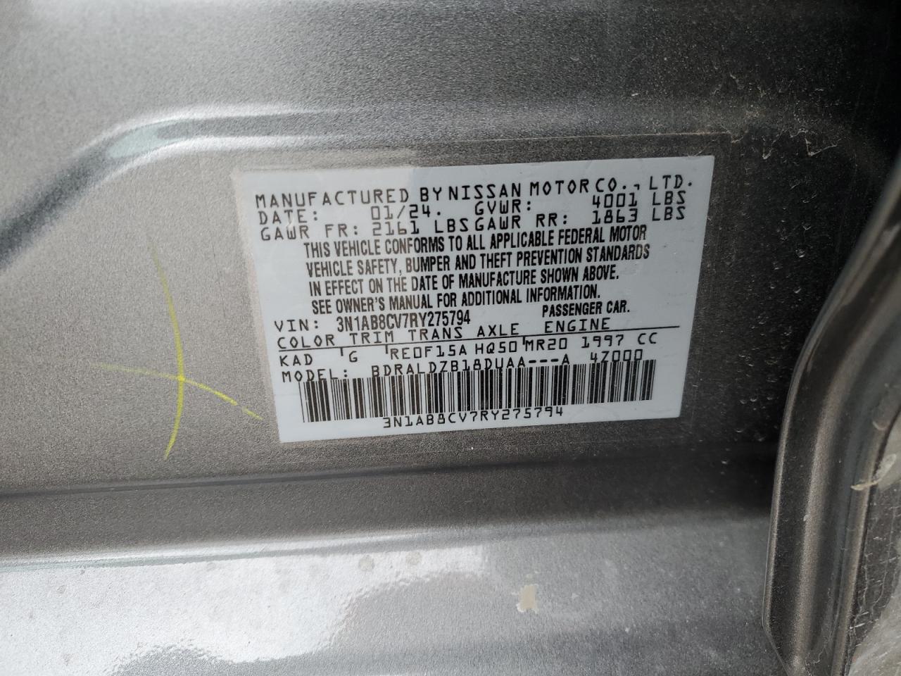 2024 NISSAN SENTRA SV VIN:3N1AB8CV7RY275794