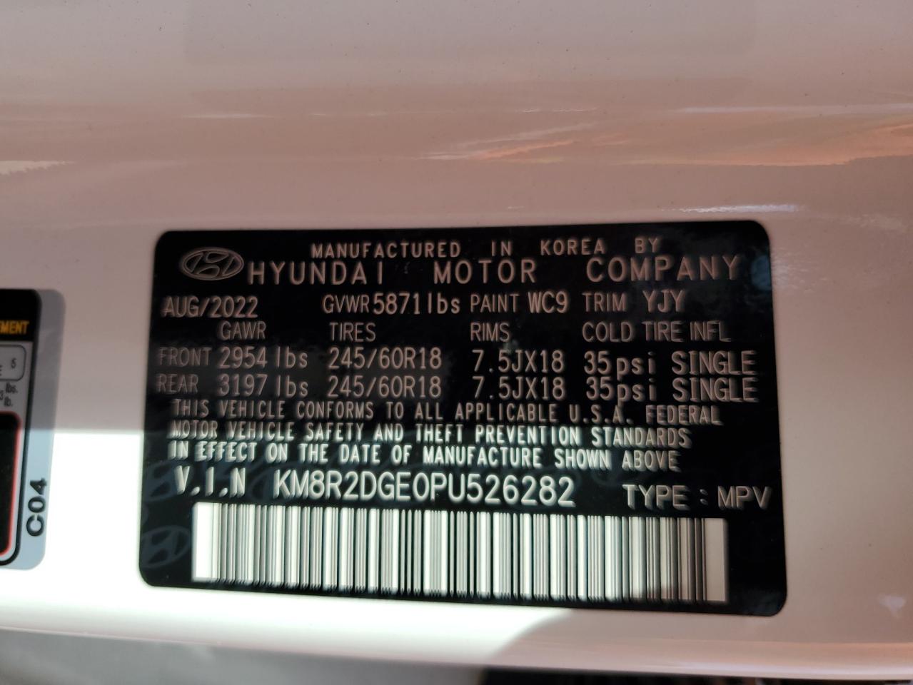 2023 HYUNDAI PALISADE SEL VIN:KM8R2DGE0PU526282