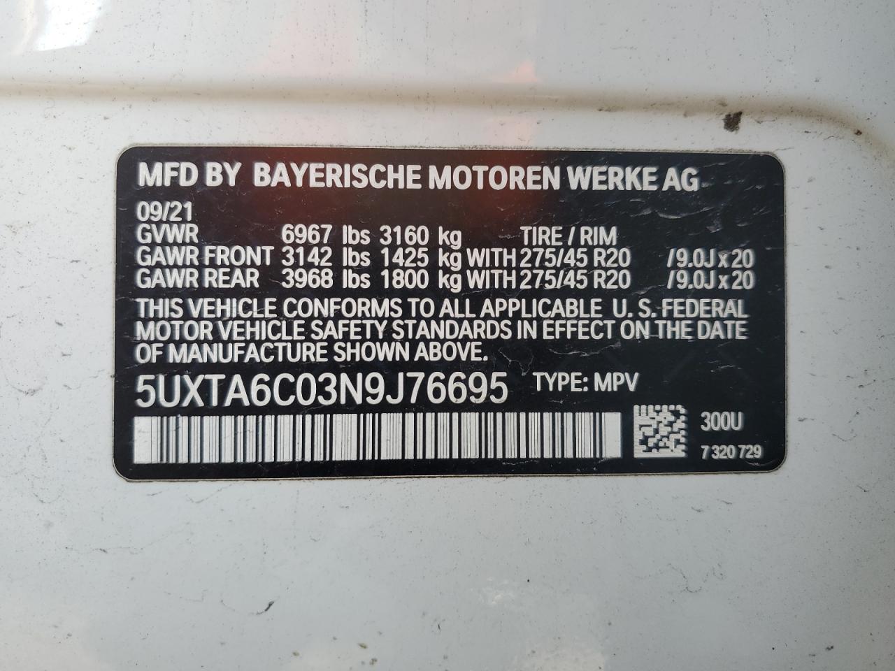 2022 BMW X5 XDRIVE45E VIN:5UXTA6C03N9J76695