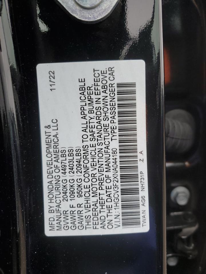 2022 HONDA ACCORD HYBRID SPORT VIN:1HGCV3F2XNA044180