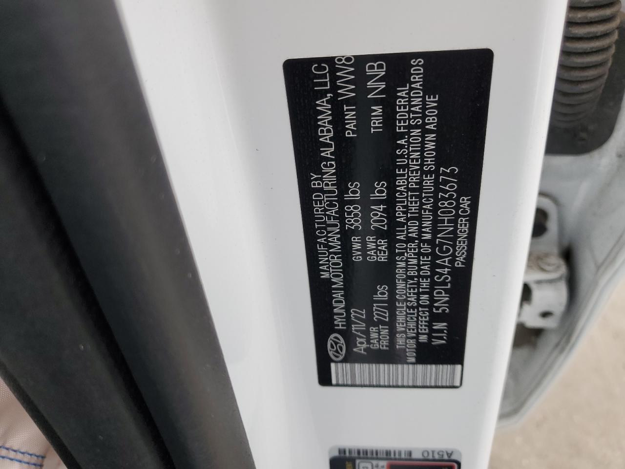 2022 HYUNDAI ELANTRA SEL VIN:5NPLS4AG7NH083673