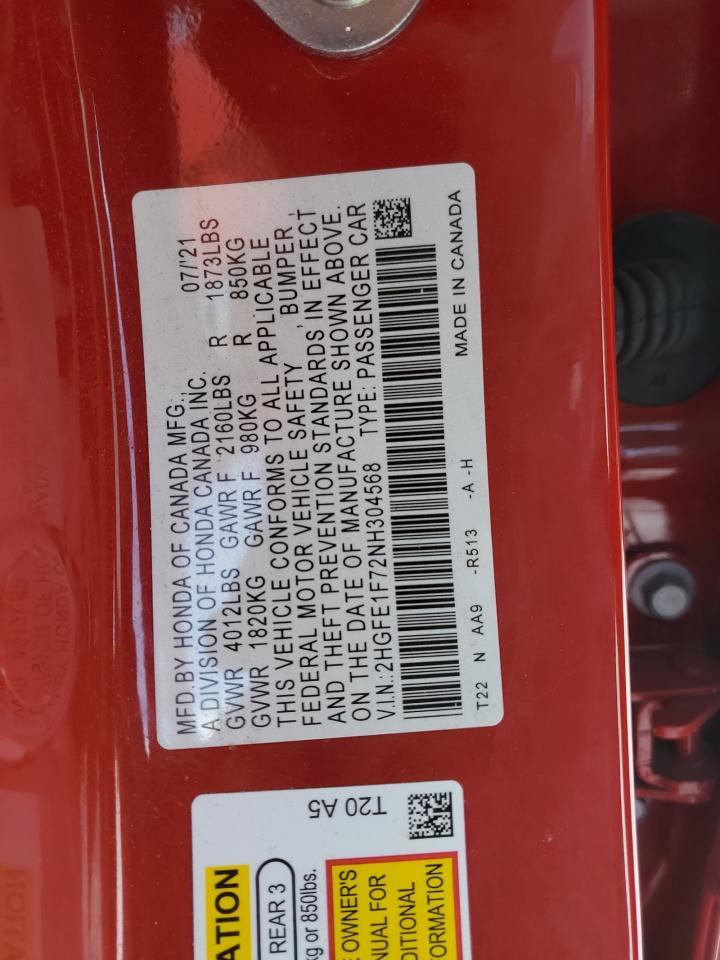 2022 HONDA CIVIC EX VIN:2HGFE1F72NH304568