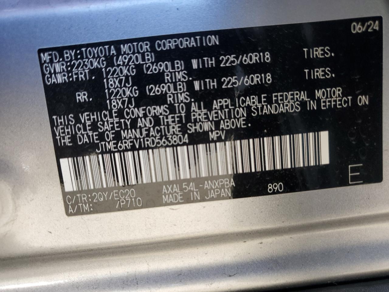 2024 TOYOTA RAV4 XSE VIN:JTME6RFV1RD563804