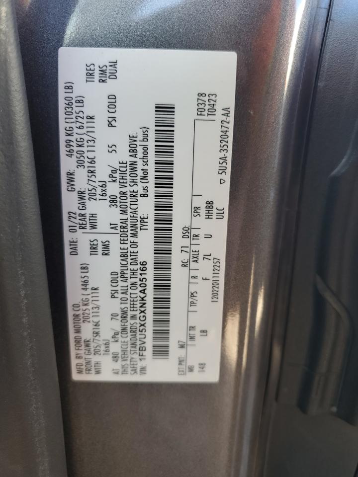 2022 FORD TRANSIT T-350 HD VIN:1FBVU5XGXNKA05166