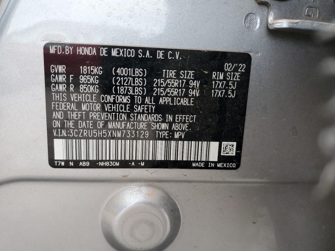 2022 HONDA HR-V EX VIN:3CZRU5H5XNM733129