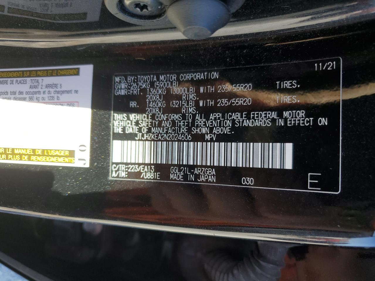 2022 LEXUS RX 350 L VIN:JTJHZKEA2N2024606