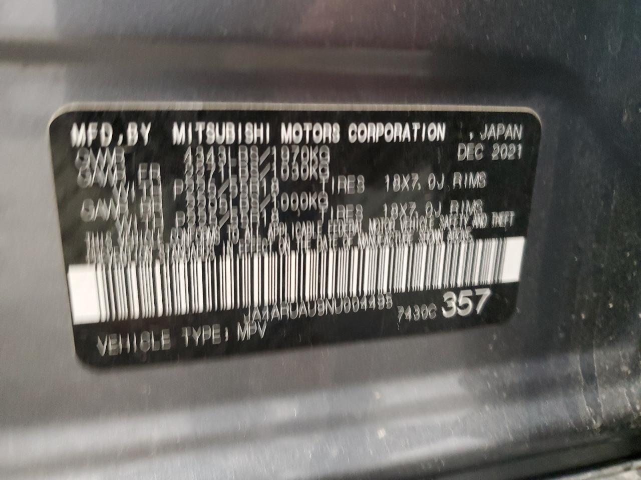 2022 MITSUBISHI OUTLANDER SPORT ES VIN:JA4ARUAU9NU004495