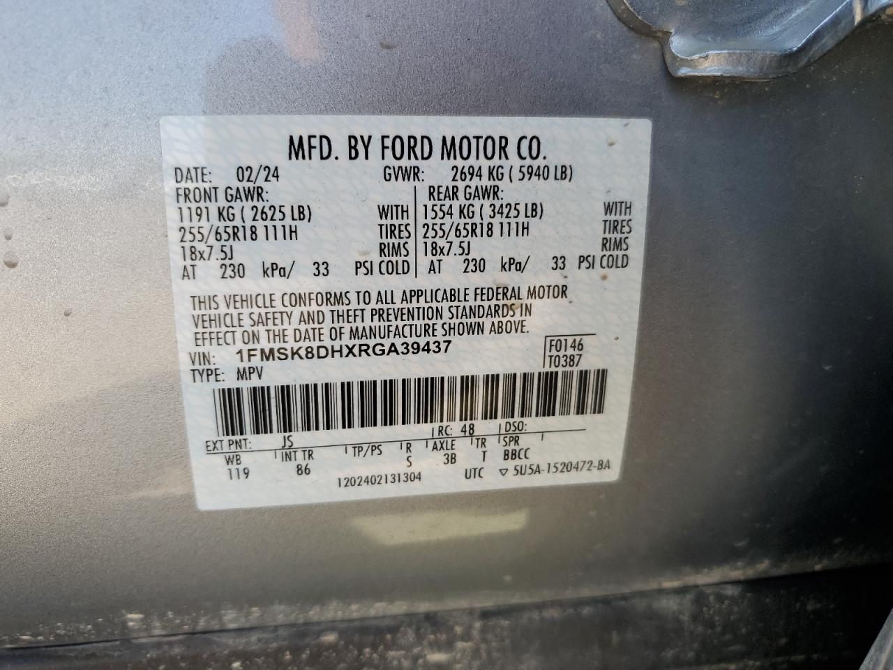 2024 FORD EXPLORER XLT VIN:1FMSK8DHXRGA39437