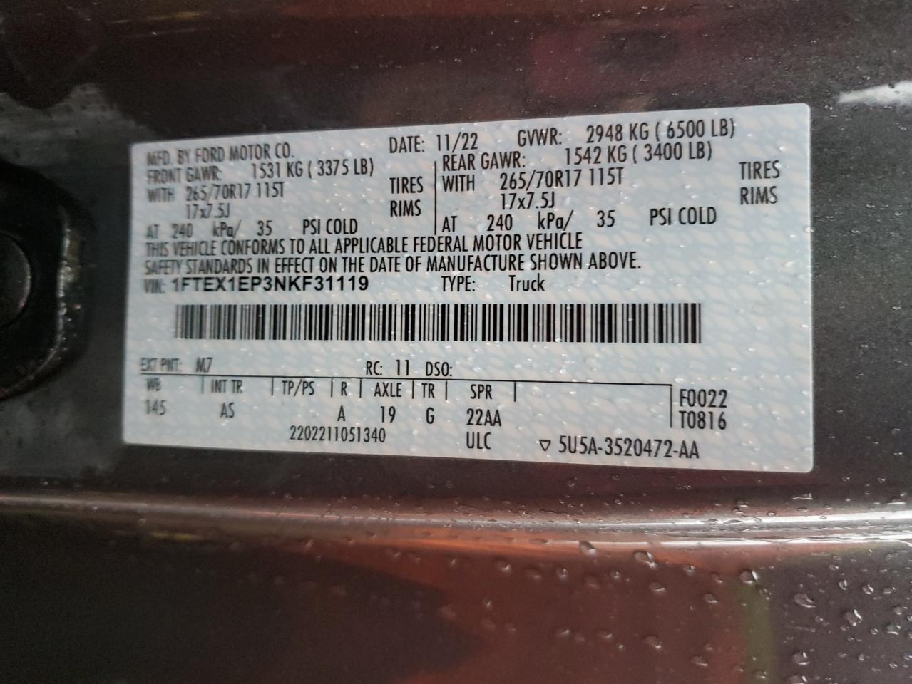 2022 FORD F150 SUPER CAB VIN:1FTEX1EP3NKF31119