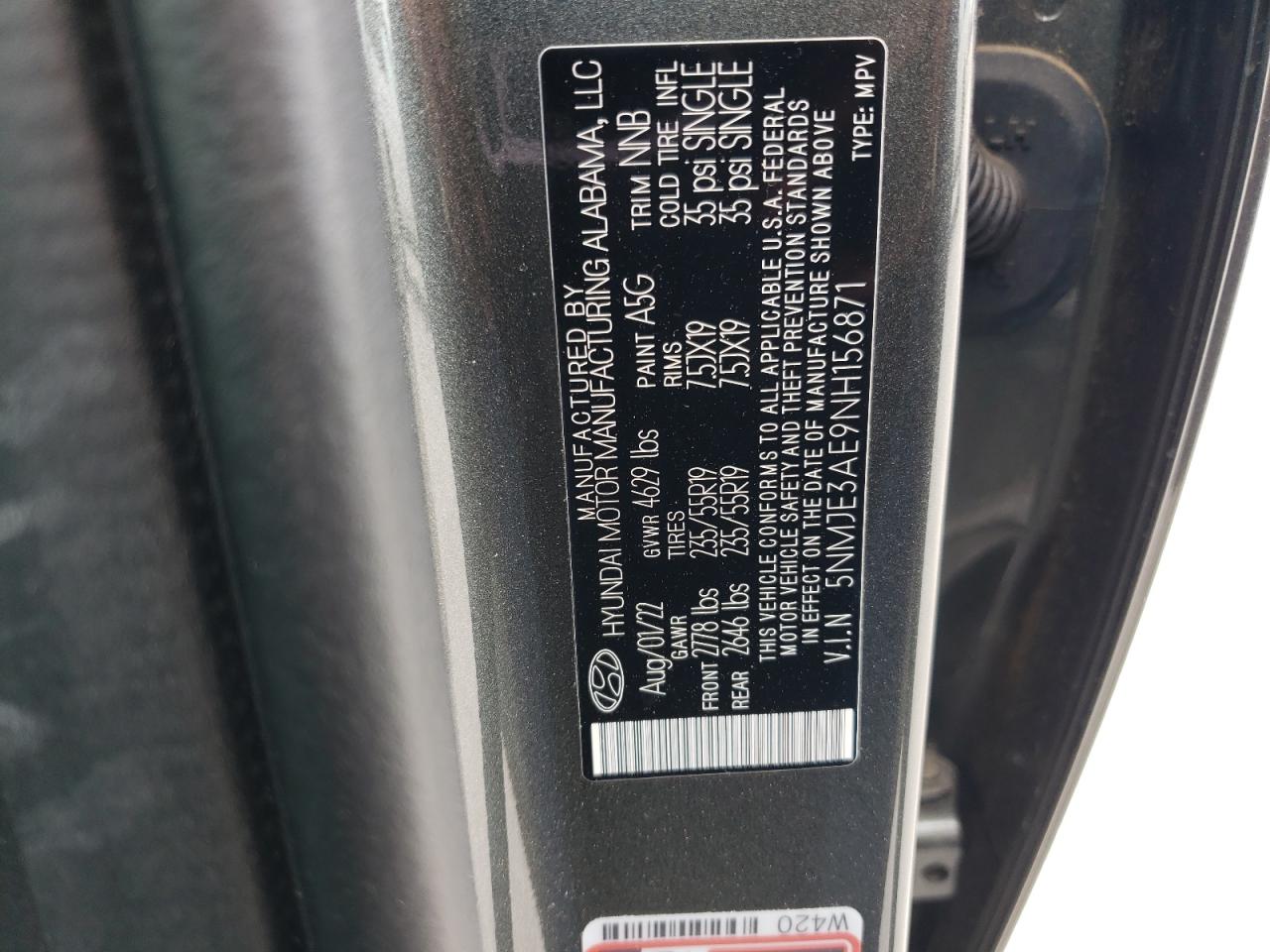 2022 HYUNDAI TUCSON LIMITED VIN:5NMJE3AE9NH156871