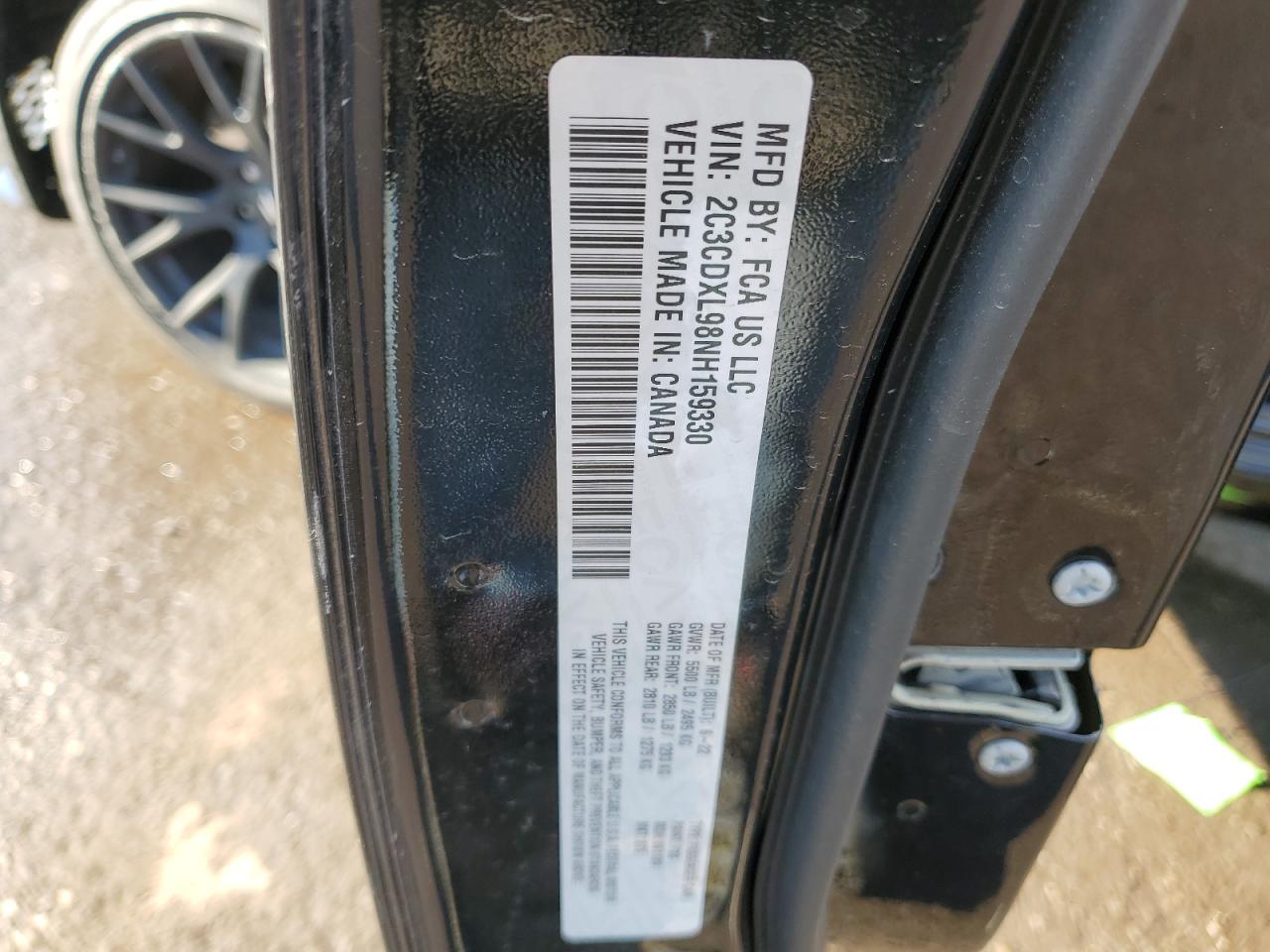 2022 DODGE CHARGER SRT HELLCAT VIN:2C3CDXL98NH159330