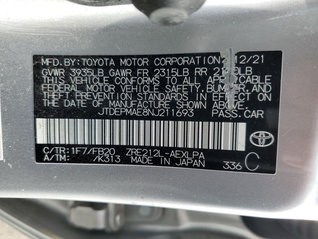 2022 TOYOTA COROLLA LE VIN:JTDEPMAE8NJ211693