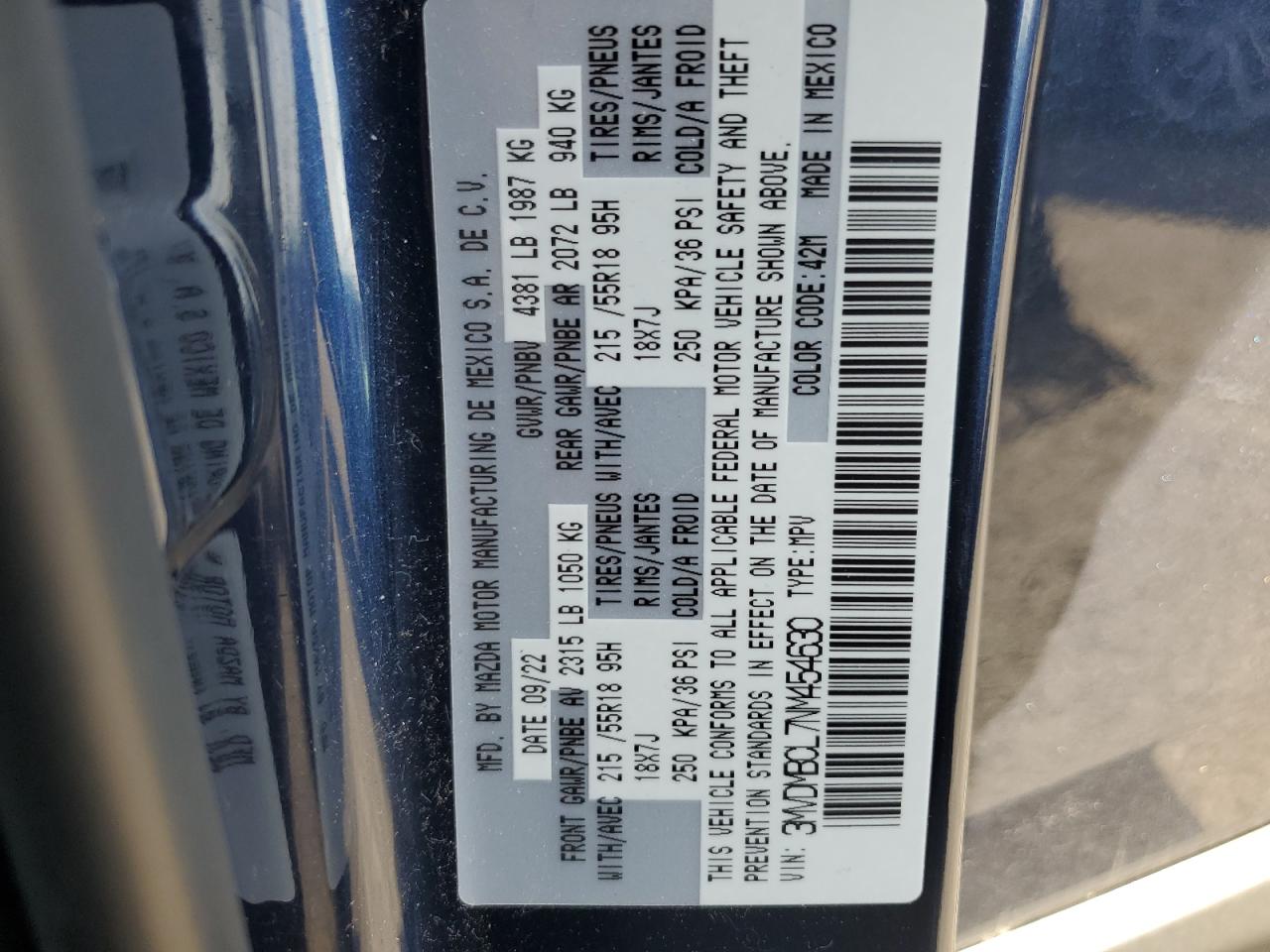 2022 MAZDA CX-30 PREFERRED VIN:3MVDMBCL7NM454630