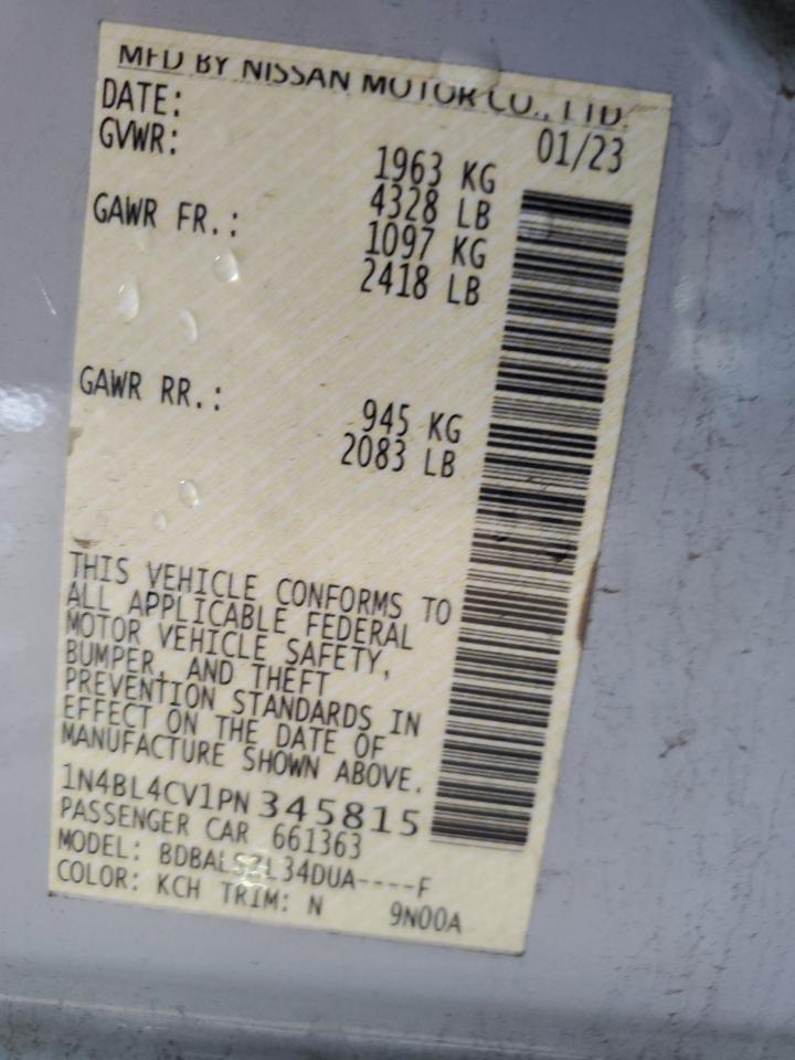 2023 NISSAN ALTIMA SR VIN:1N4BL4CV1PN345815