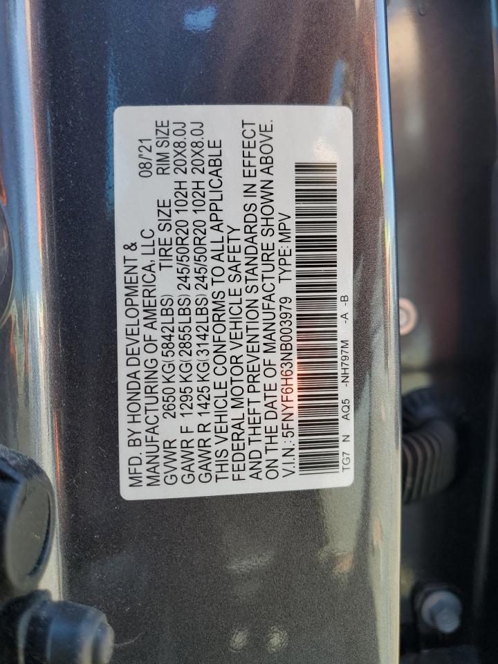 2022 HONDA PILOT TOURING VIN:5FNYF6H63NB003979