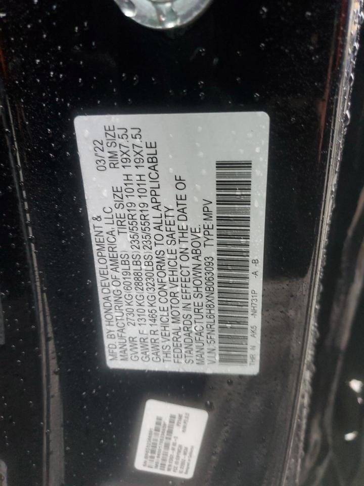 2022 HONDA ODYSSEY TOURING VIN:5FNRL6H8XNB063093