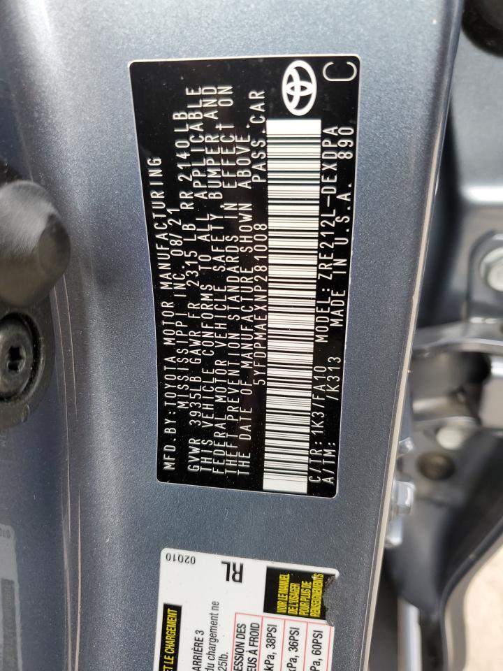 2022 TOYOTA COROLLA L VIN:5YFDPMAEXNP281008