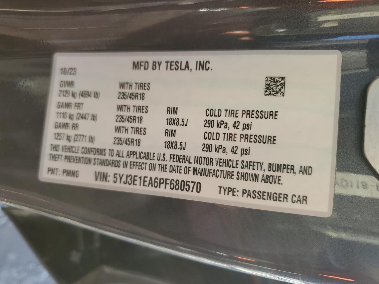 2023 TESLA MODEL 3  VIN:5YJ3E1EA6PF680570