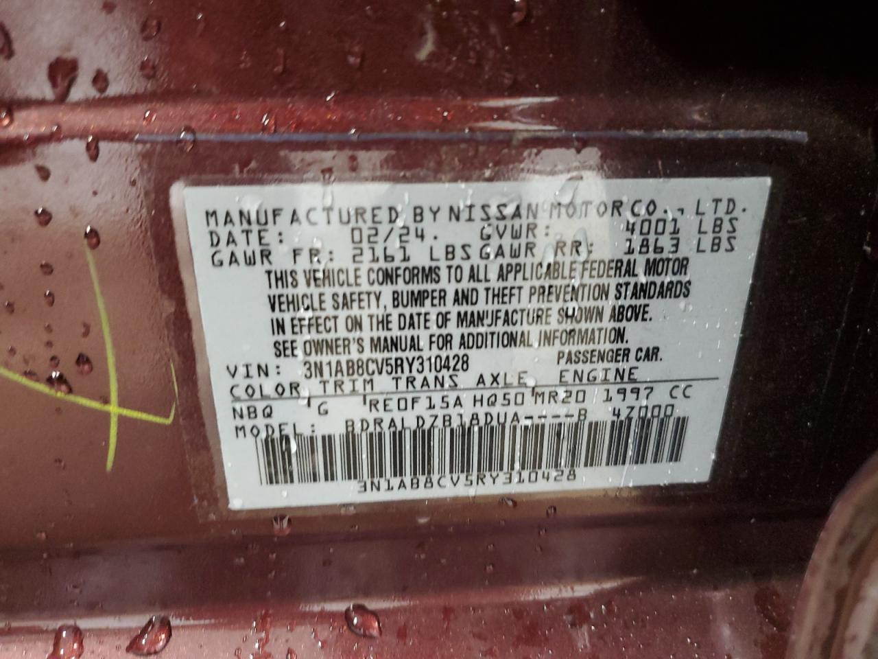 2024 NISSAN SENTRA SV VIN:3N1AB8CV5RY310428