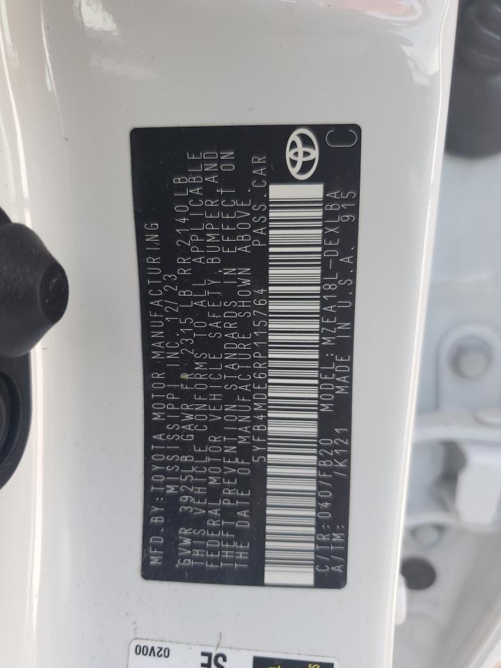 2024 TOYOTA COROLLA LE VIN:5YFB4MDE6RP115764