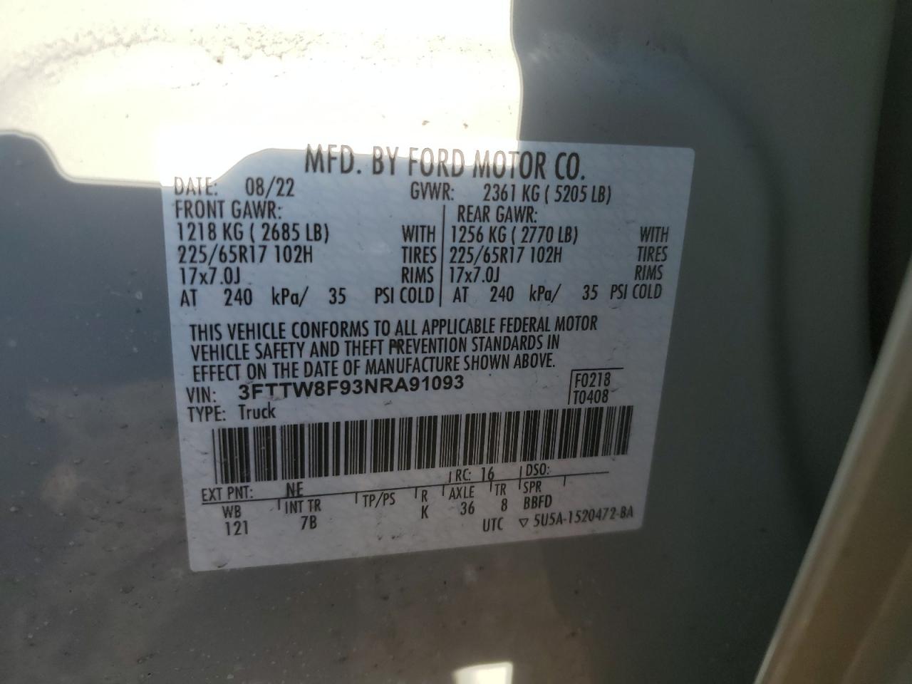 2022 FORD MAVERICK XL VIN:3FTTW8F93NRA91093