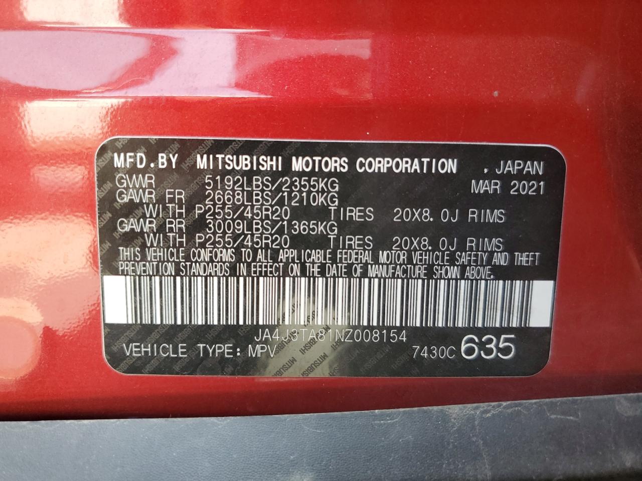 2022 MITSUBISHI OUTLANDER ES VIN:JA4J3TA81NZ008154