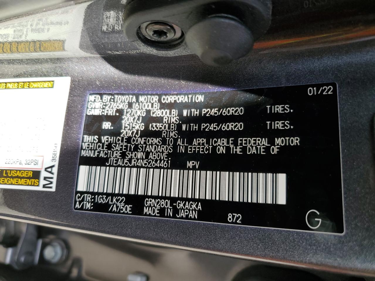 2022 TOYOTA 4RUNNER TRD SPORT VIN:JTEAU5JR4N5264461