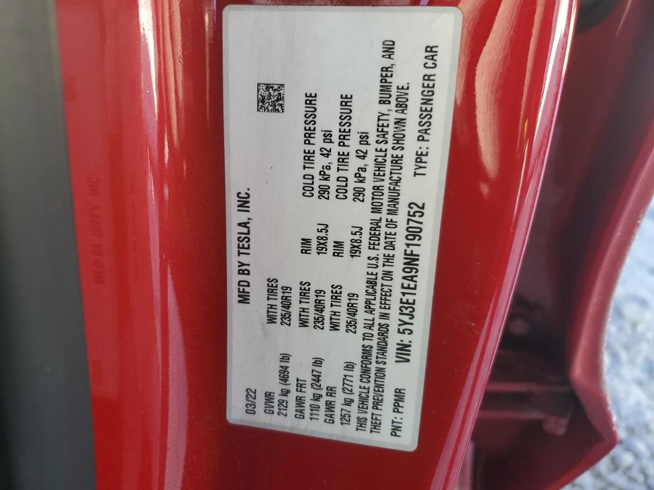 2022 TESLA MODEL 3  VIN:5YJ3E1EA9NF190752