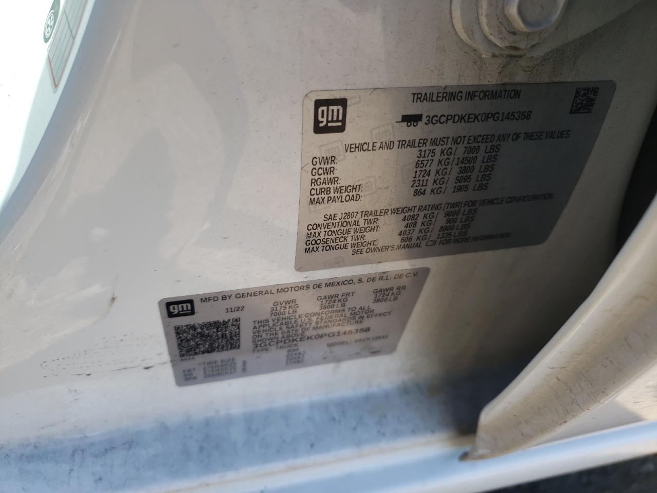 2023 CHEVROLET SILVERADO K1500 LT-L VIN:3GCPDKEK0PG145358