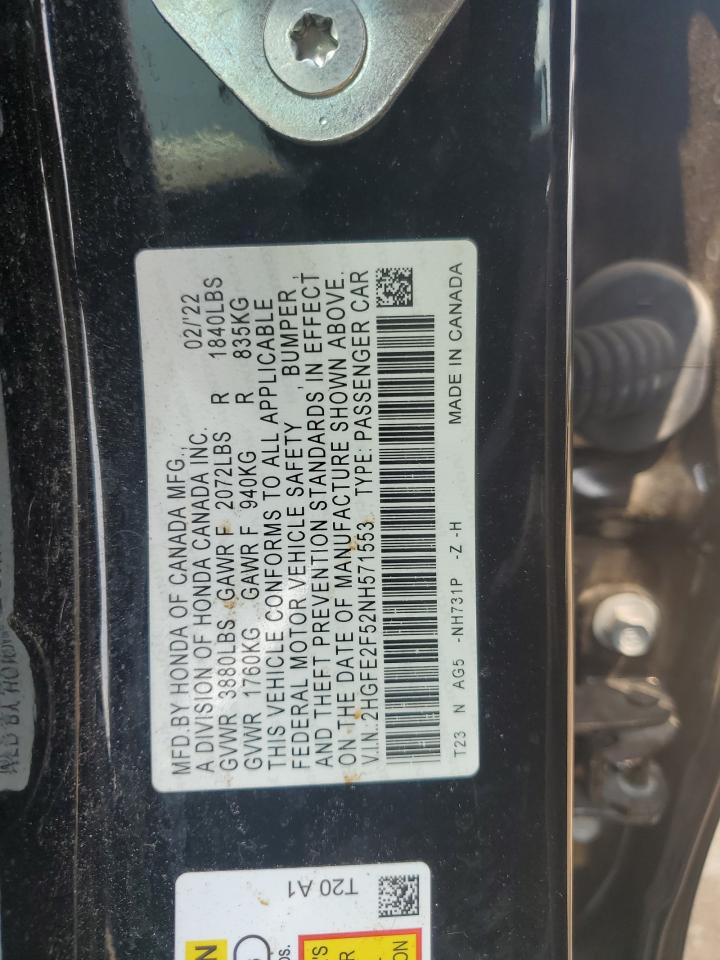 2022 HONDA CIVIC SPORT VIN:2HGFE2F52NH571553