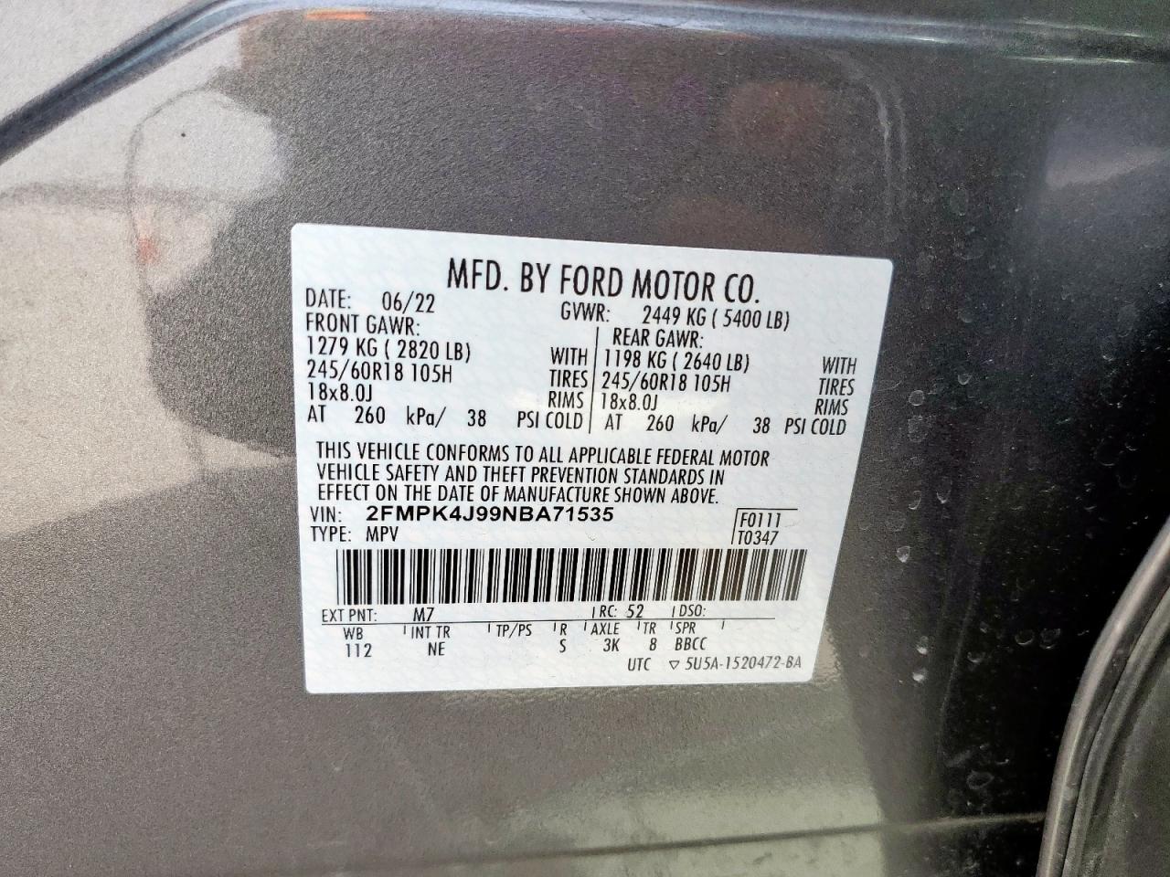 2022 FORD EDGE SEL VIN:2FMPK4J99NBA71535