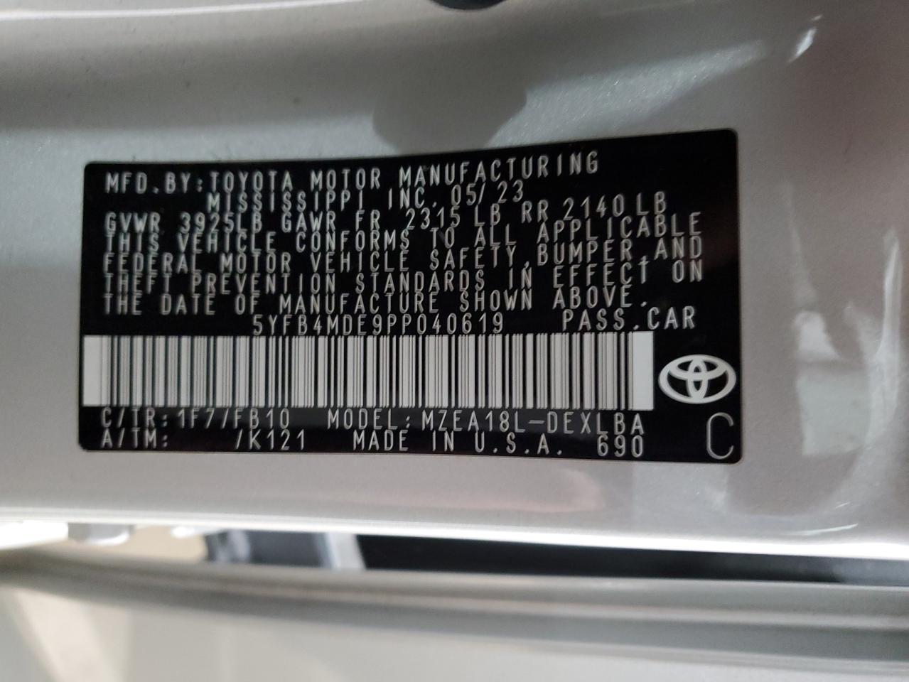 2023 TOYOTA COROLLA LE VIN:5YFB4MDE9PP040619