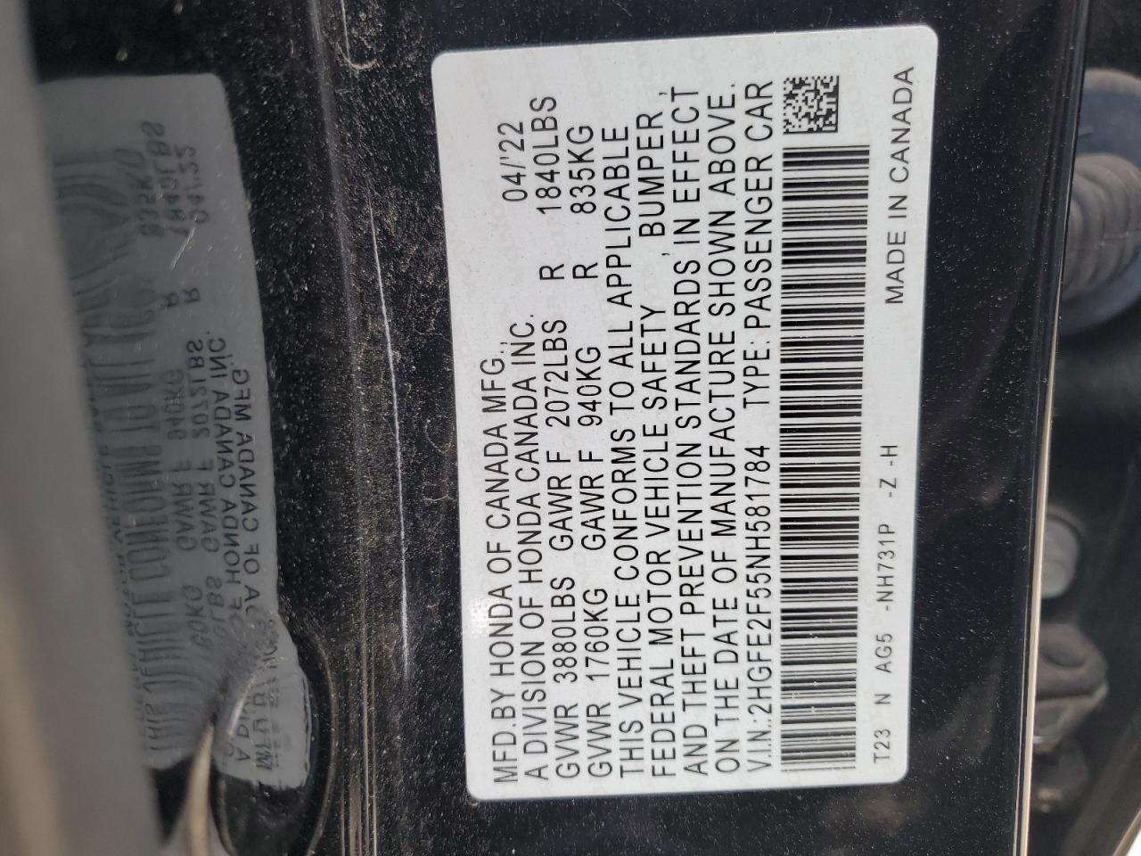 2022 HONDA CIVIC SPORT VIN:2HGFE2F55NH581784