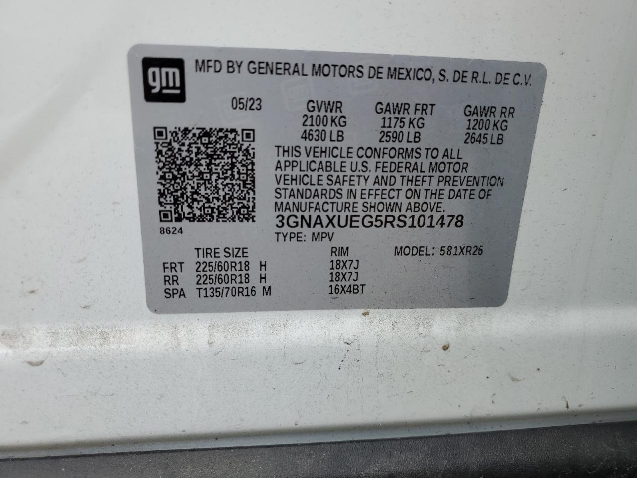 2024 CHEVROLET EQUINOX LT VIN:3GNAXUEG5RS101478