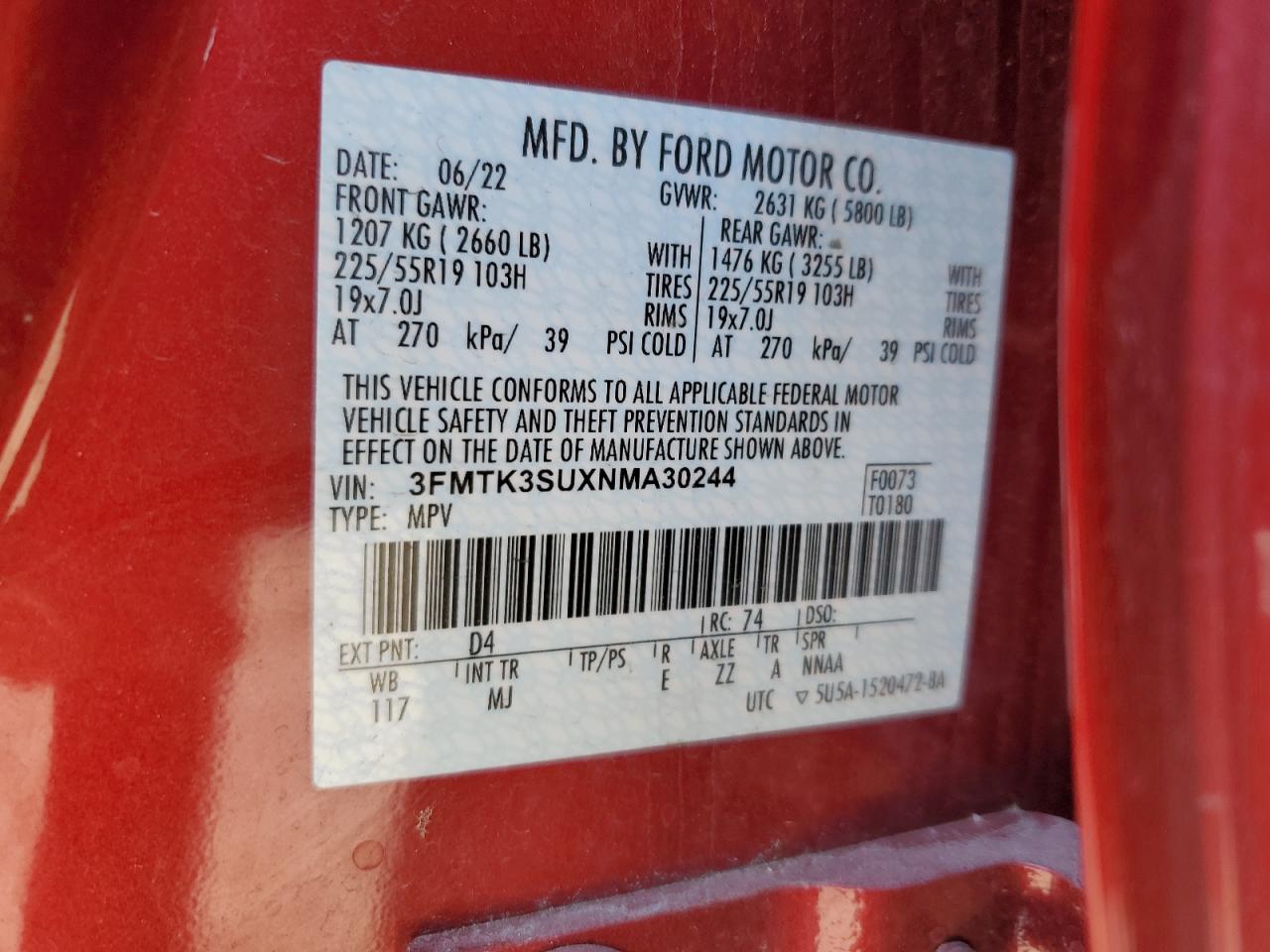 2022 FORD MUSTANG MACH-E PREMIUM VIN:3FMTK3SUXNMA30244