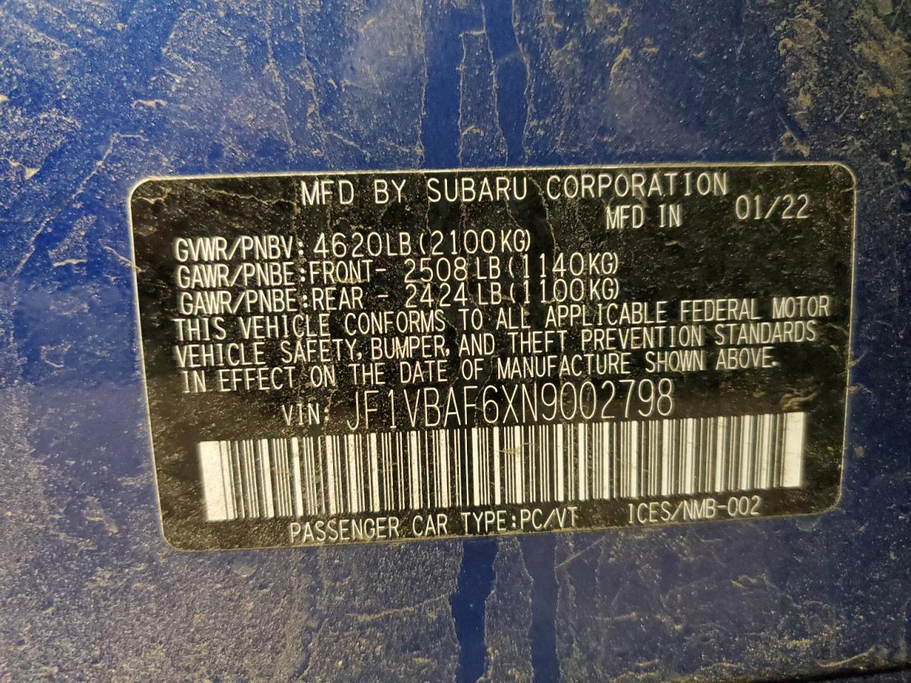 2022 SUBARU WRX PREMIUM VIN:JF1VBAF6XN9002798