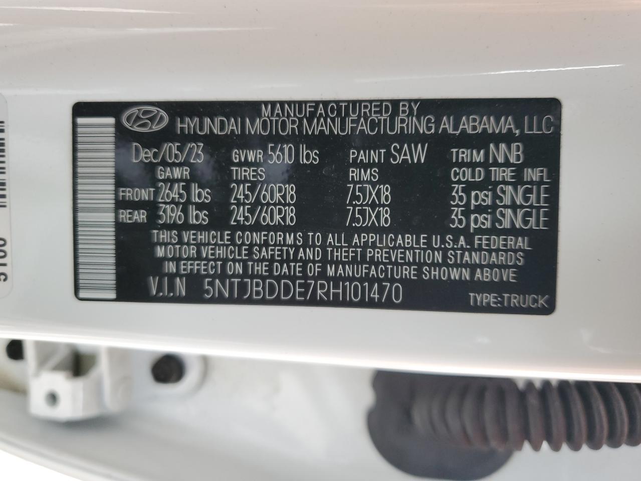 2024 HYUNDAI SANTA CRUZ SEL VIN:5NTJBDDE7RH101470