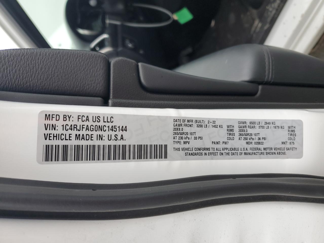 2022 JEEP GRAND CHEROKEE LAREDO E VIN:1C4RJFAG0NC145144