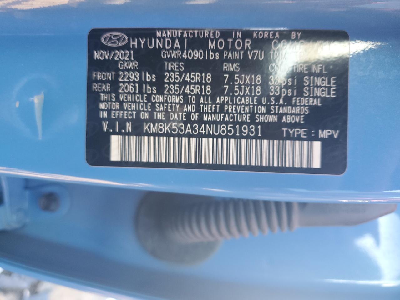 2022 HYUNDAI KONA LIMITED VIN:KM8K53A34NU851931
