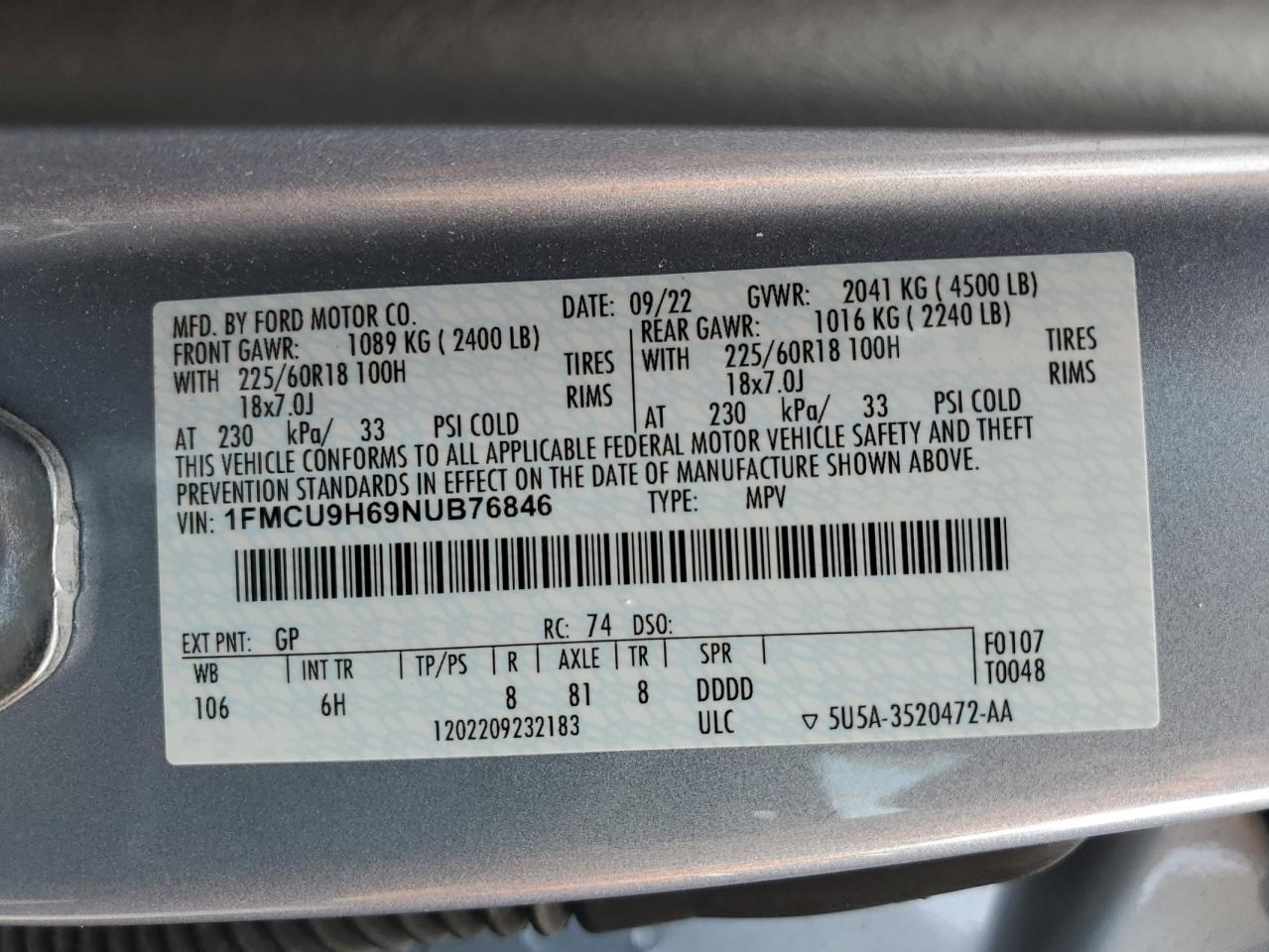 2022 FORD ESCAPE SEL VIN:1FMCU9H69NUB76846