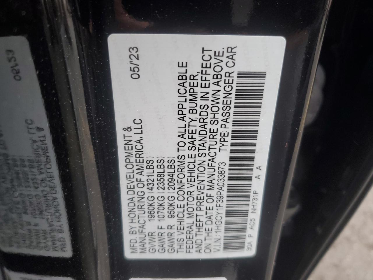 2023 HONDA ACCORD EX VIN:1HGCY1F39PA033873