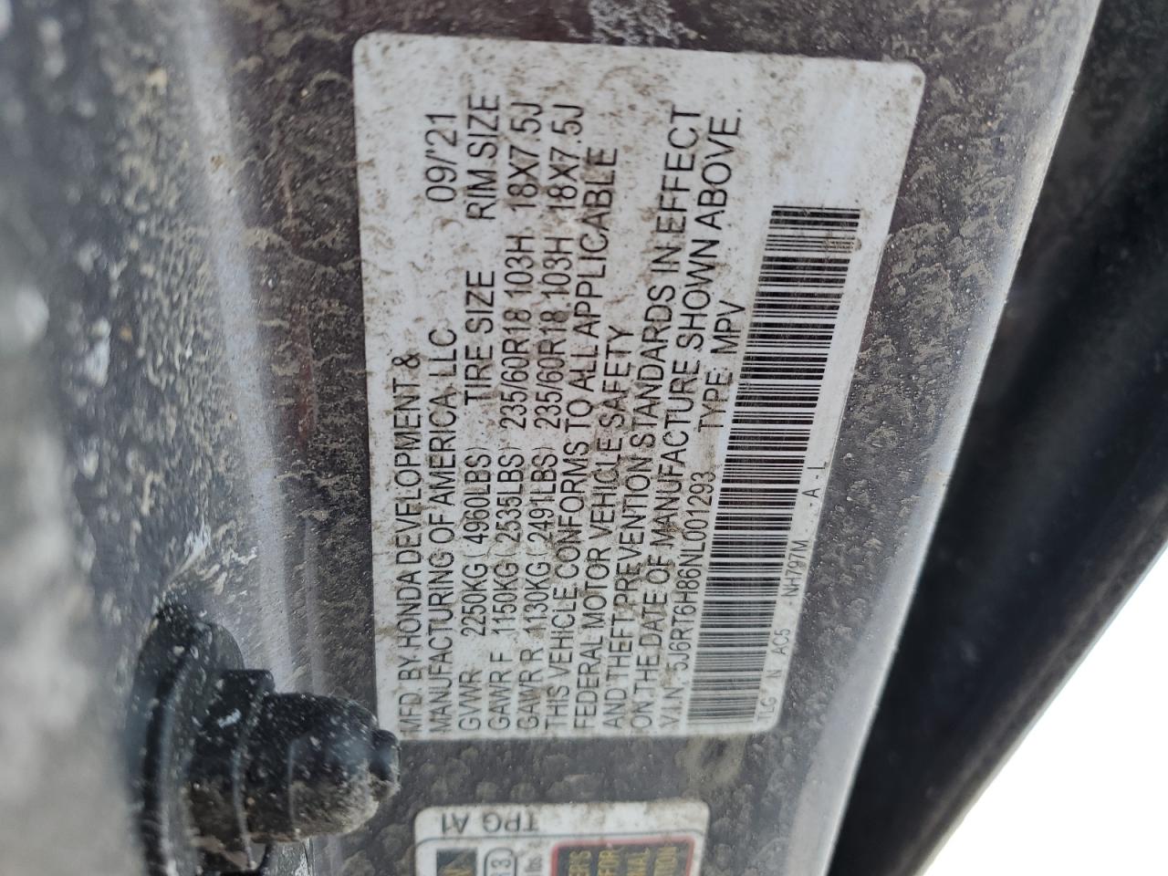 2022 HONDA CR-V EXL VIN:5J6RT6H86NL001293